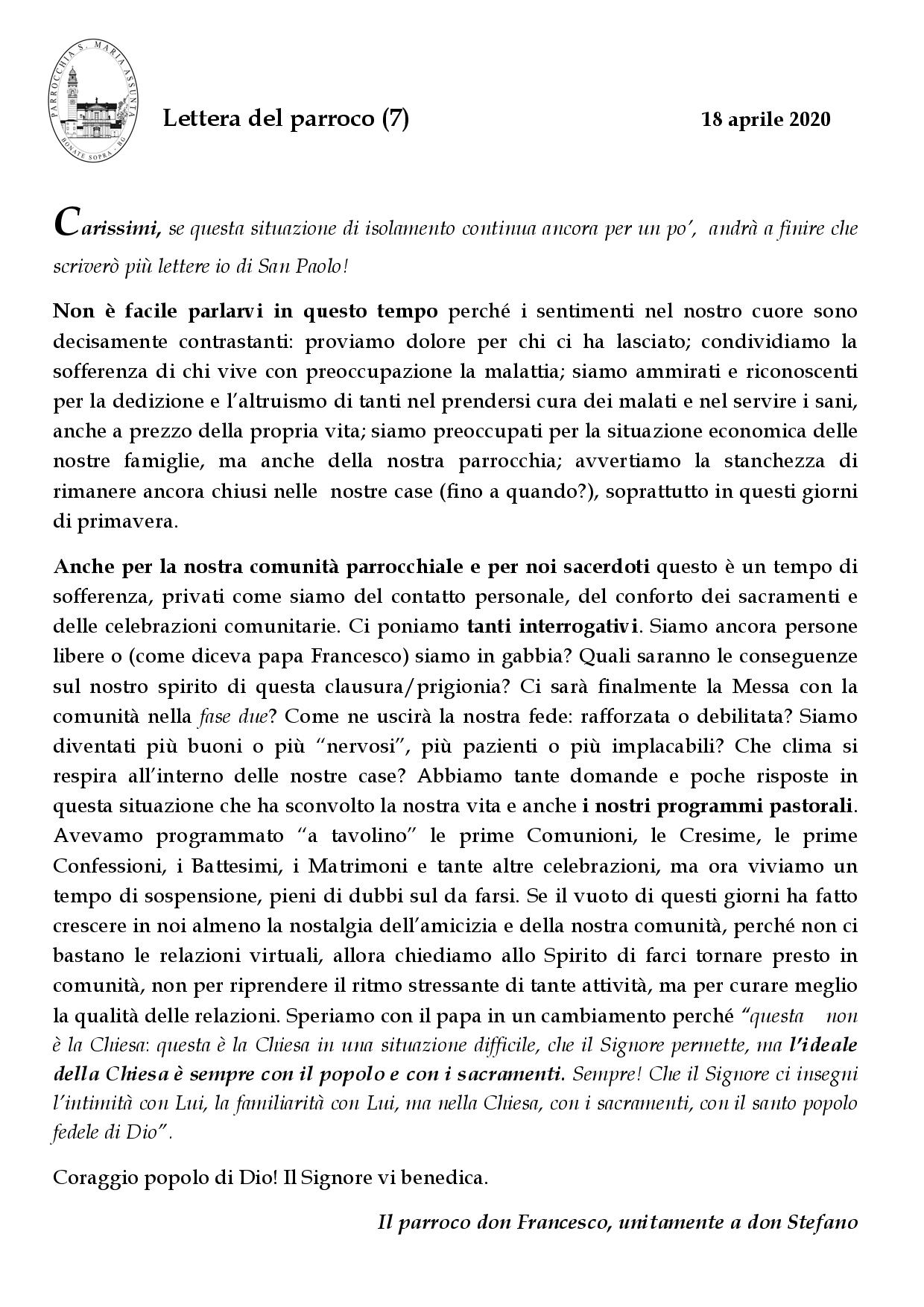Lettera Per La Cresima Al Parroco Lettera del parroco 18 aprile 2020